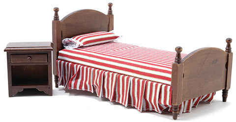 Twin Bed and Night Stand, Walnut with Red and White Stripe