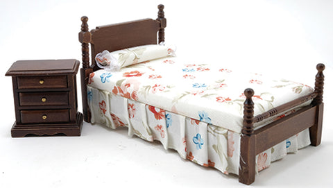 Twin Bed and Night Stand, Walnut with Floral Linens