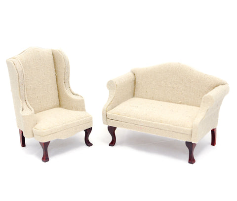 Two Piece Wing Chair and Sofa, Beige Linen
