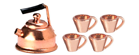 Copper Tea Kettle with Four Copper Mugs