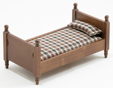 Twin Bed, Walnut, Plaid Fabric