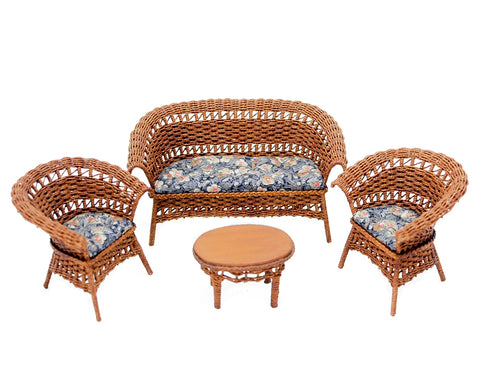 Wicker Furniture Set, Four Piece, Natural with Dark Floral