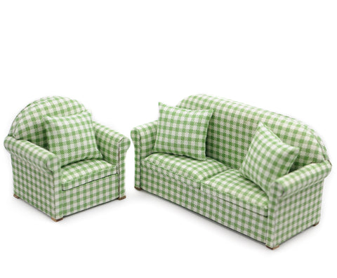 Green and White Check Living Room Set 2pc With Upgraded Feet