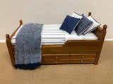 Trundle Bed, Walnut with Blue and White Stripe