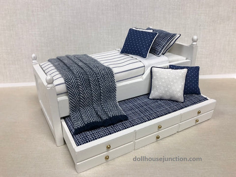 Trundle Bed, White with Blue and White Stripe