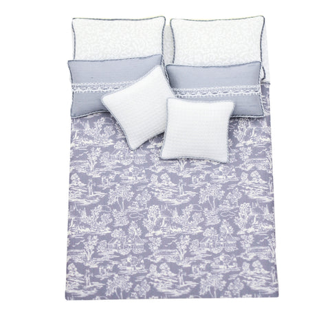 Bed Linen Set, Double White on Grey Toile, Silk
