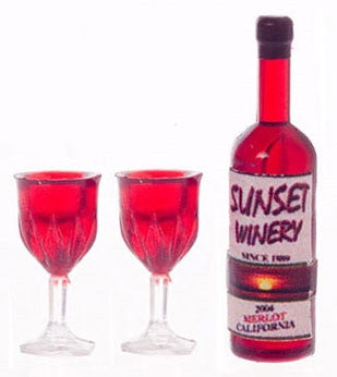 Bottle of Red Wine, 2 Filled Glasses