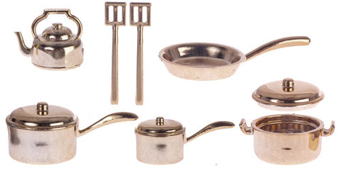 Set of Polished Copper Pots and Pans, 10 Piece