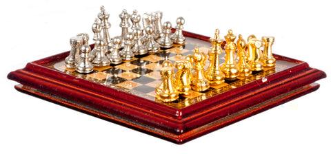 Chess Board With Metal Pieces, Mahogany Finish