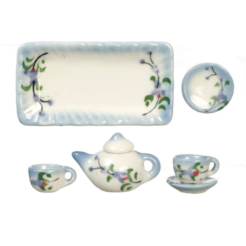 Tea Service with Rectangular Tray, Porcelain Blue and White