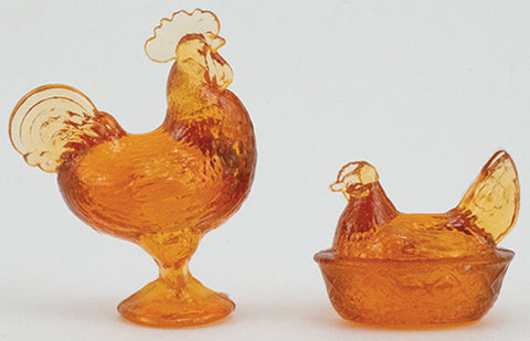 Hen and Rooster Candy Dish Figurines, Amber Glass