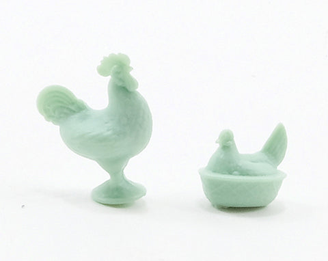 Hen and Rooster Candy Dish Figurines, Jadite Glass