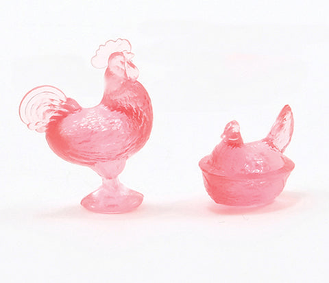 Hen and Rooster Candy Dish Figurines, Pink Glass