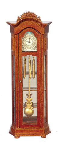 Ornate Walnut Grandfather Clock w/ Glass Door, WORKING