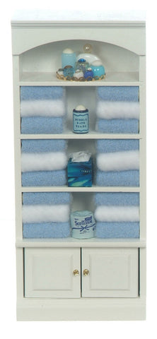 Bath Shelves with Blue Linens and Accessories