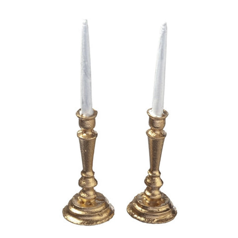 Pair of Gold Candlesticks with White Candles