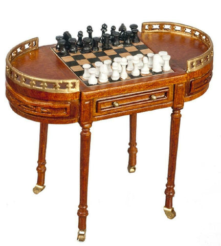 Chess Table, 17 Century Design with Caster Wheels and Game Pieces