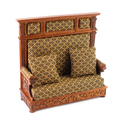 Jacobean Hall Couch with High Paneled Carriage Style Back, Brown Silk