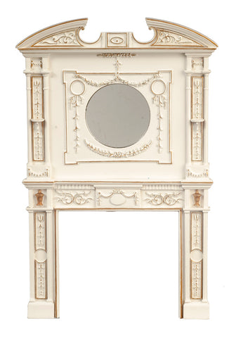 Art Nouveau Fireplace with Round Mirror in White and Gold