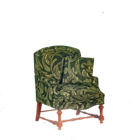 Wing Chair, Jacobean, Green on Green Silk with Walnut Finish