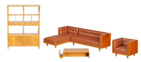 Mid Century Sectional 5 Piece Living Room Set, Leather