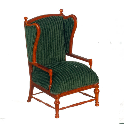 Wing Chair with Wood Frame, Green Upholstery