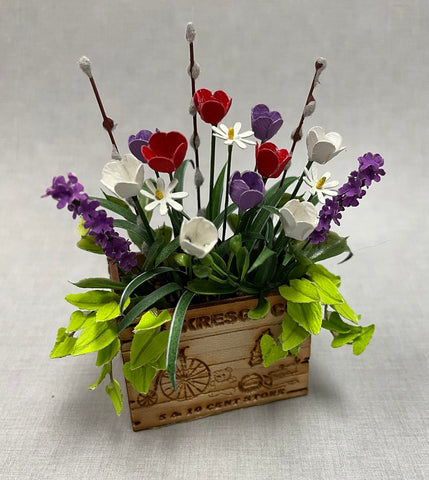 Vintage Crate with Red, Purple and White Spring Flowers
