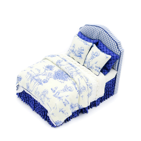 Twin Bed, Blue and White Upholstered Headboard