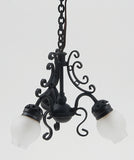 Chandelier, Three Arm, Black with Frosted Shades, 12 Volt