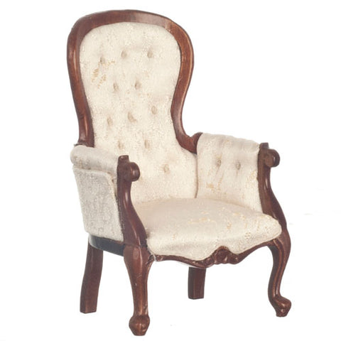 Victorian Style Arm chair, Off White Silk and Walnut