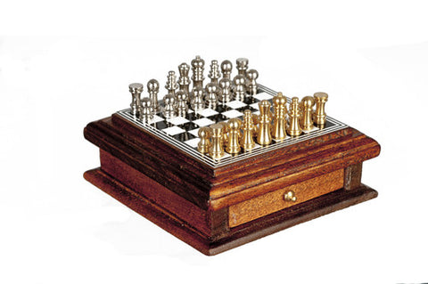 Chess Board with Drawer, Walnut Finish
