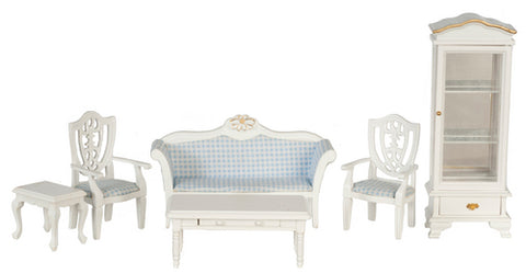 Living Room Set, White with Blue Check