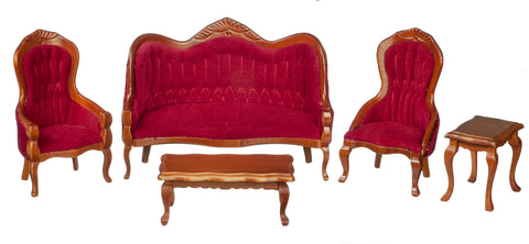 Victorian Living Room Set, Burgundy and Walnut