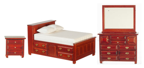Bedroom Set, Double Bed with Drawers, Mahogany