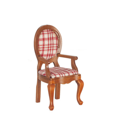 Shield Back Arm Chair, Walnut with Red and White Plaid