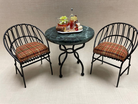 Table and Two Black Wire Chairs, Green Marble and Wicker
