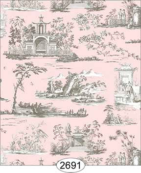 Wallpaper Rose Hill Toile Grey on Pink