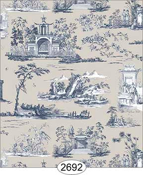 Wallpaper Rose Hill Toile Navy on Grey Beige