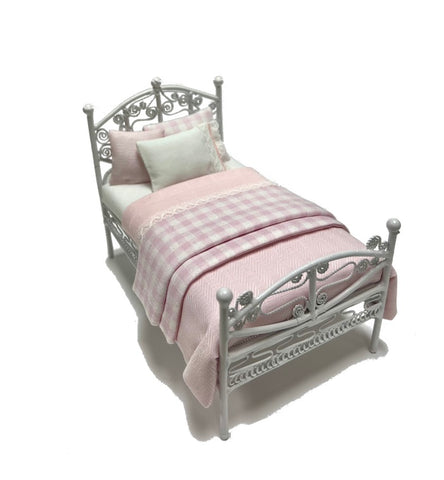 Single White Metal Bed, Pink & White Bedding