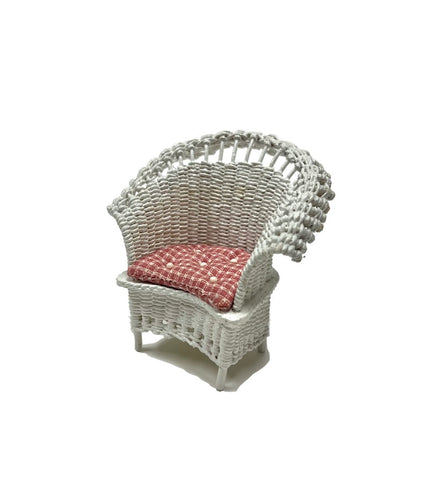 White Wicker Arm Chair, Red Check Cushion
