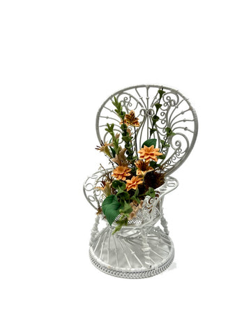 White Metal Wicker Chair w/ Flowers